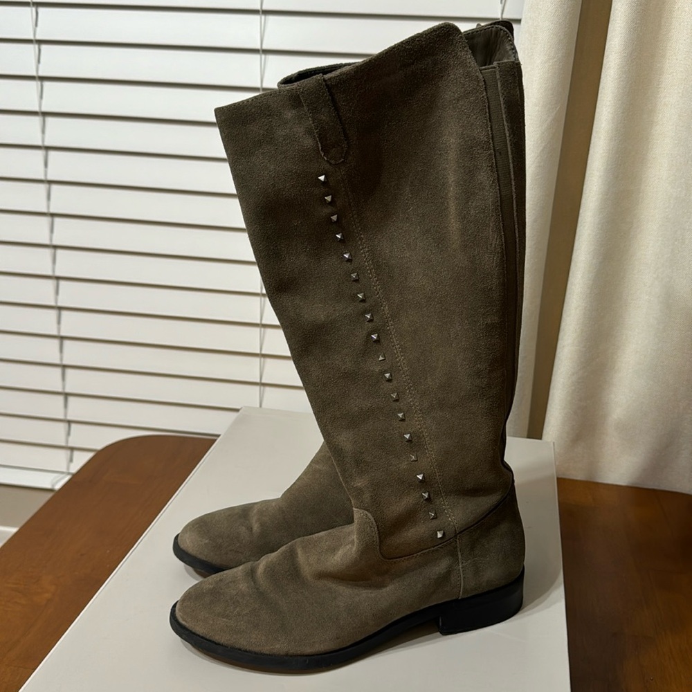 Marc Fisher dark taupe suede wide calf boots with silver studs size 9